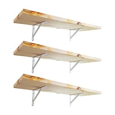 Imagem de KIT 3 Prateleira Madeira Nicho Estante Painel Pinus 60x20 + Mão Francesa Aço (Branco)