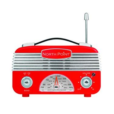 Imagem de Northpoint Rádio vintage portátil AM/FM com melhor recepção, design de cerca de 1960, rádio operado por bateria AA, afinação, volume e botão liga/desliga, vermelho e prateado