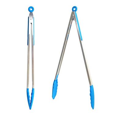 Imagem de UPTALY Pinças de churrasco extra longas de 45 cm com cabeças de silicone (2 peças azuis), pinça de grelha de aço inoxidável com alça longa, pinça de comida de tamanho grande, pinças de cozinha alongadas, pinça estendida