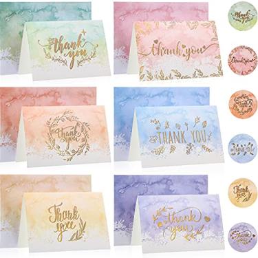 Imagem de Conjunto de 72 peças de cartões de agradecimento em aquarela com envelopes e adesivos, 6 designs de cartões de saudação dourados laminados para cartões de agradecimento, envelopes redondos, adesivos de selo de envelope para casamento, formatura, chá de bebê