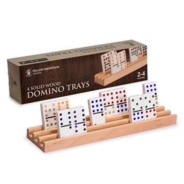 Imagem de Yellow Mountain Imports Racks e bandejas de dominó de madeira de faia premium (25,4 cm) – Conjunto de 4 – Suportes de azulejo para trem mexicano, pé de galinha e outros jogos de dominó