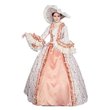 Imagem de CountryWomen Vestido feminino de renda Maria Antonieta baile mascarado fantasia vitoriana (laranja, M)
