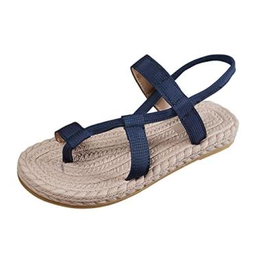 Imagem de Sandálias femininas de verão moda casual cor sólida simples tiras palha praia fora plana grande embelezado sandálias, Azul marino, 7.5