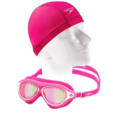 Imagem de Kit Natação Speedo Óculos Kidshark + Touca Xtrafit Tecido Confortável 6 a 12 anos (Rosa)