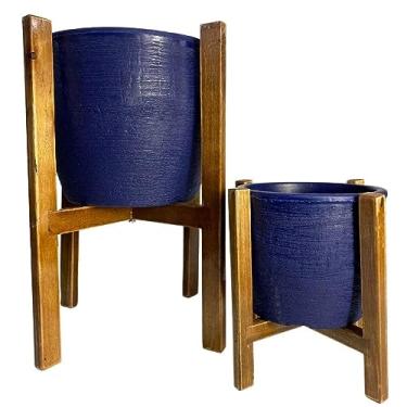 Imagem de Conjunto de Vaso de Planta com Suporte de Madeira Decorativo (Conjunto, Azul)