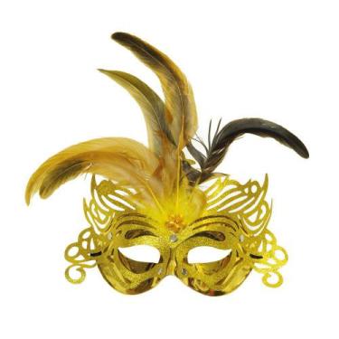 Imagem de Máscara Ouro Penas Acessório Carnaval Fantasia - Cromus