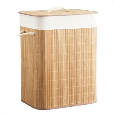 Imagem de Cesto de roupa suja Retangular De Bambu Claro Forrado com tampa Banheiro E Lavanderia 6...