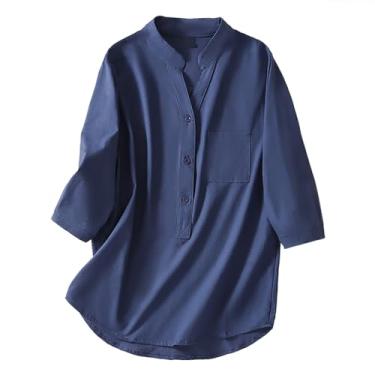 Imagem de Blusas femininas de botão, gola V, manga 3/4, algodão, linho, camisetas soltas de verão, camiseta de chiffon respirável, Azul marino, 3G