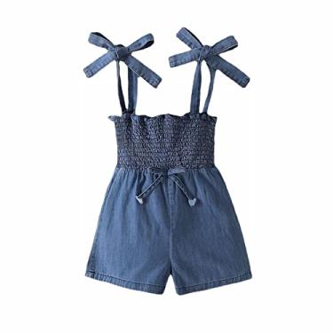 Imagem de Macacão para bebês meninas, boêmio, floral, pernas largas, short com alças finas, calça jeans infantil, Azul, 6-9 meses