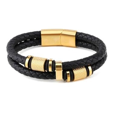 Imagem de VUIFONGS Pulseira de couro de camada dupla com contas para homens pulseira de couro trançado ouro e preto masculino preto trançado 316 pulseira de couro premium pulseiras de couro premium presentes de