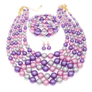 Imagem de JNF Colares de pérolas sintéticas grandes para mulheres, conjunto de pulseiras e brincos de pérolas multifios, bijuterias, joias femininas, Pérola sintética, Pérola sintética