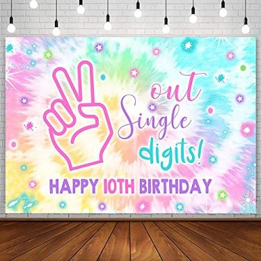 Imagem de Sendy 2,1 x 1,5 m de fora, pano de fundo de dígitos, feliz aniversário de 10 anos, suprimentos para decoração de festa tie dye de arco-íris It's My 10 anos de idade faixa de fundo de aniversário adereços de estúdio fotográfico, vinil, rosa