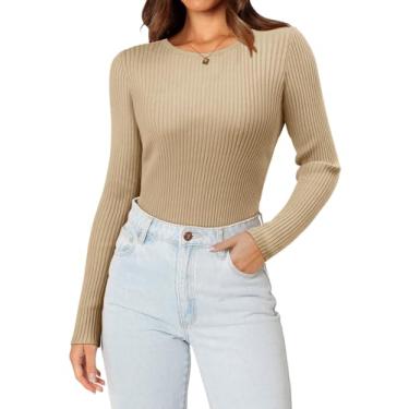 Imagem de ONLYSHE Camisetas femininas casuais gola redonda suéter de malha canelada slim fit sólido básico feminino pulôver feminino outono tops de manga longa, A cáqui, XXG