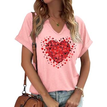 Imagem de Earlymemb Camiseta feminina com estampa de coração e decote em V para o dia dos namorados para casal, casual, de manga curta, para presente, D - rosa, P