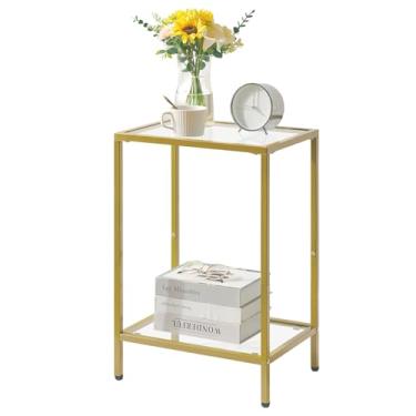 Imagem de YMYNY Mesa lateral de vidro temperado, mesa de canto de 2 camadas com prateleiras de armazenamento, mesa de cabeceira estreita, para pequenos espaços na sala de estar, quarto, dourado, UHGD002G