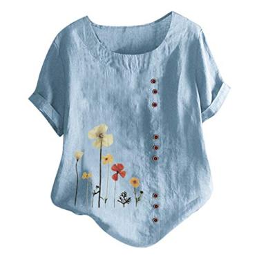 Imagem de Camisetas de linho para mulheres, casuais, algodão, linho, manga curta, gola redonda, camisetas estampadas florais grandes, Ofertas Relâmpago Azul, 4G