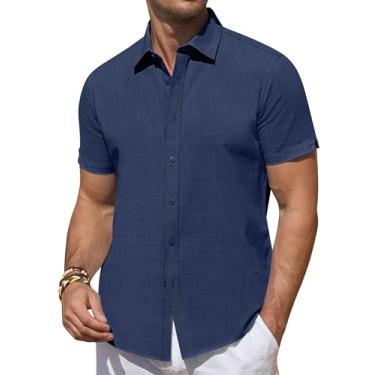 Imagem de DEMEANOR Camisas de linho masculinas de manga curta camisas de linho casuais camisas de botão verão praia camisa havaiana para homens, Azul marinho, M