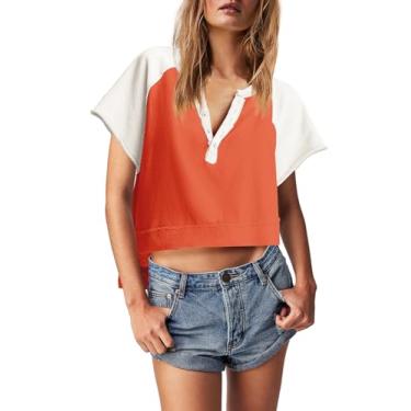 Imagem de Panadila Blusas femininas de manga curta cropped Henley camisetas coloridas camisetas casuais verão lindo pulôver, Vermelho-branco, GG