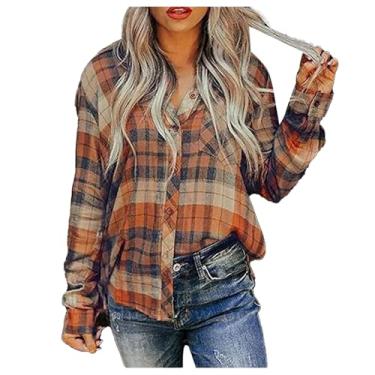 Imagem de Camisas de botão para mulheres outono casual manga longa namorado lapela xadrez flanela tops tops com bolsos, Laranja, GG