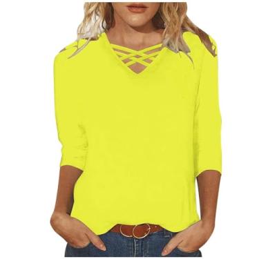 Imagem de Camiseta feminina casual de manga 3/4, gola V cruzada, básica, solta, túnica, caimento solto, pulôver, Amarelo, 5G
