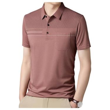 Imagem de Camisa polo masculina lapela manga curta bolso camiseta polo listrada fina secagem rápida, Rosa, 4G