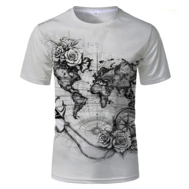 Imagem de Camisetas masculinas de gola redonda, estampa 3D, mapa-múndi e bússola, elementos náuticos, manga curta, Ta0043, G