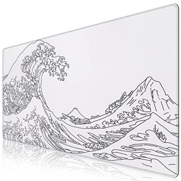 Imagem de iCasso Mouse pad estendido para jogos (89,9 x 40,9 cm), base de borracha estável grande com bordas costuradas, mouse pad para teclado mousepad para trabalho, jogos, escritório, casa - branco ondas do mar