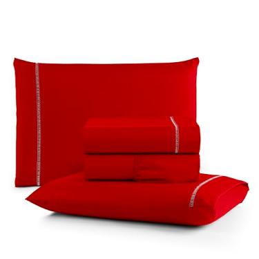Imagem de Jogo de Cama de Lençol Casal King Classic 600 Fios Percal, 03 Peças, Com Aba Americana, Antiácaro, Anti-pilling, Toque Macio MicroPercal, Elástico toda Volta, Branco (VERMELHO)