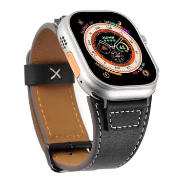 Imagem de Pulseira de couro compatível com Apple Watch Ultra 2 para homens de 49 mm, 45 mm, 44 mm e 42 mm, séries 9/8/SE/7/6/5/4/3/2, vintage resistente para iWatch (preta)