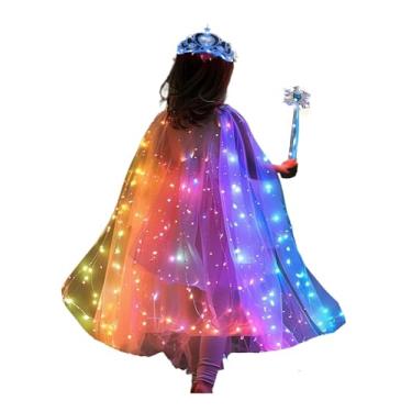 Imagem de LEDPATY Capa de princesa para meninas, mantos com luzes de LED, fantasias de princesa, vestido de Halloween com coroa de tiara, varinha, colar (S3-4Y, arco-íris)