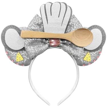 Imagem de Trnerm Tiara com orelhas de chefe Remy Mouse para crianças, adultos, orelhas de Mickey, orelhas de Minnie, laços fofos de lantejoulas, chapéu de chefe Remy