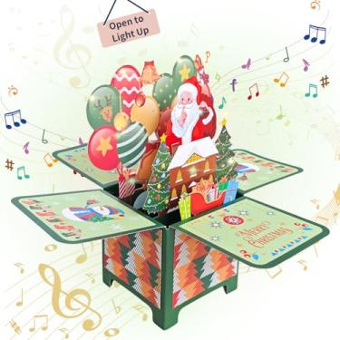 Imagem de Praisol Cartão musical de Natal com luz e música, cartão pop-up 3D feito à mão com envelope e etiquetas de mensagem (caixa de música de Natal - Evergreen)