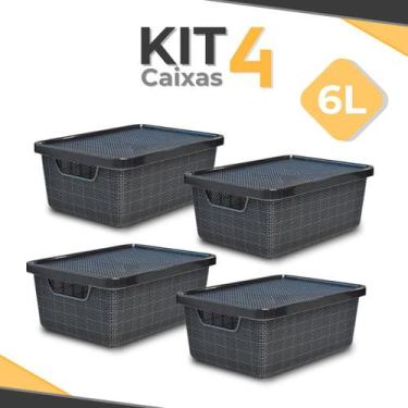 Imagem de Kit 4 Caixa Organizadora 6 Litros Jutta Preta C/ Tampa Cesto Organizad