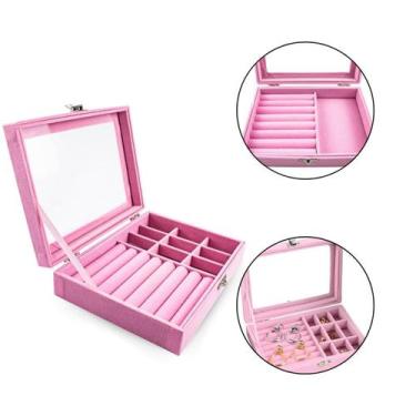 Imagem de Porta Joias Maleta Organizadora Camurça Tampa Acrílica Rosa - Arte Sed