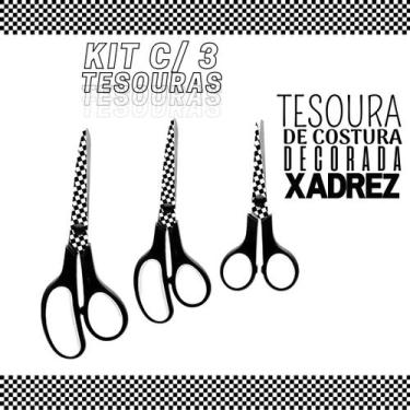 Imagem de Tesoura Para Costura Decorada Xadrez Kit C/ 03 - Nybc