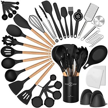 Imagem de Conjunto de utensílios de cozinha de silicone, 34 peças antiaderentes resistentes ao calor, conjunto de espátulas com cabo de madeira para assar, cozinhar e misturar, melhores utensílios de cozinha com suporte (preto)