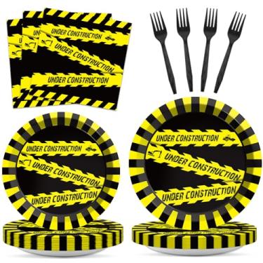 Imagem de Conjunto de 96 peças de utensílios de mesa de festa de aniversário para caminhão basculante decoração de festa temática de construção sobremesa pratos de papel guardanapos garfos para crianças meninos