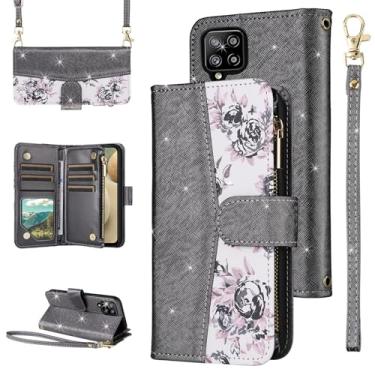 Imagem de Furiet Capa carteira floral para Samsung Galaxy A42 5G com fecho de correr alça de ombro luxuosa com glitter couro PU suporte para cartão capa para celular A 42 G5 42A S42 4G 2021 preta