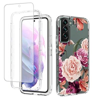 Imagem de Yerebel Capa para Galaxy S22, SM-S901U com protetor de tela de vidro temperado, design floral à prova de choque, capa protetora para celular para Samsung Galaxy S22 5G (flor roxa)
