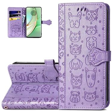 Imagem de Monwutong Capa carteira de celular para Motorola Edge 40, capa de couro PU com desenho fofo de gato e cachorro com fecho magnético e compartimentos para cartões de dinheiro para Moto Edge 40, CD roxo