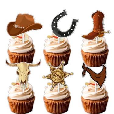 Imagem de 18 peças marrom glitter sobremesa cupcake Topper Country Western Cowboy Bull Rider Tema de competição Suprimentos Homem Menino Feliz Aniversário Decorações de Festa