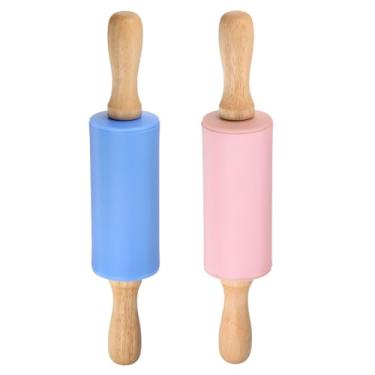 Imagem de HARFINGTON Rolos de silicone para assar cabo de madeira de 23 cm antiaderente, rolo pequeno para massa, pizza, pastelaria, fondant, cozinha, azul e rosa