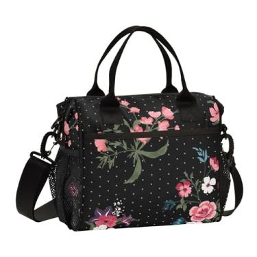 Imagem de Bolsa térmica feminina, lancheira, reutilizável, isolada, rosa, bolinhas, floral, preta, transversal com alça de ombro para adultos, P