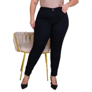Imagem de Calça Skinny Plus Size preta jeans cintura alta com lycra e bolso na f