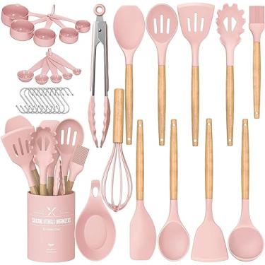 Imagem de Umite Chef Conjunto de utensílios de cozinha, conjunto de 33 peças de espátula de silicone antiaderente com suporte, cabo de madeira conjunto de utensílios de cozinha de silicone (rosa)