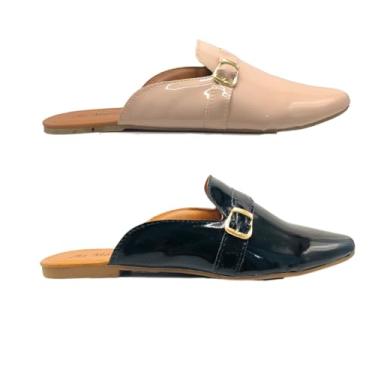 Imagem de Kit 2 Pares Rasteirinhas Mule Verniz Linha Premium Bico Fino (Preto/Nude, BR, Adulto, Numérico, 36)