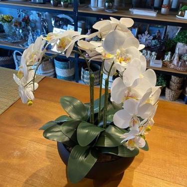 Imagem de Arranjo Grande Centro de Mesa 3 Orquídeas Branca 3d Vaso Preto - Decor