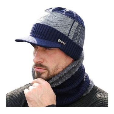 Imagem de Kit Boné Boina Gorro Cachecol Beanie Forrada Lã Inverno, Único, Azul e
