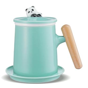 Imagem de ZENS Xícara de chá com infusor e tampa para folhas soltas, caneca de chá Porelain de 345 g com tampa de panda para difusores de chá, xícara de chá fofa com alça de madeira e porta-copos para presentes