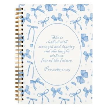 Imagem de Bnwepo Caderno espiral com laço azul Coquette, diário da bíblia, diário da igreja, caderno de presentes de capa dura da moda azul para meninas adolescentes, professoras, presentes cristãos para